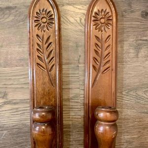 Wood vintage mcm sconces with daisy flower detail